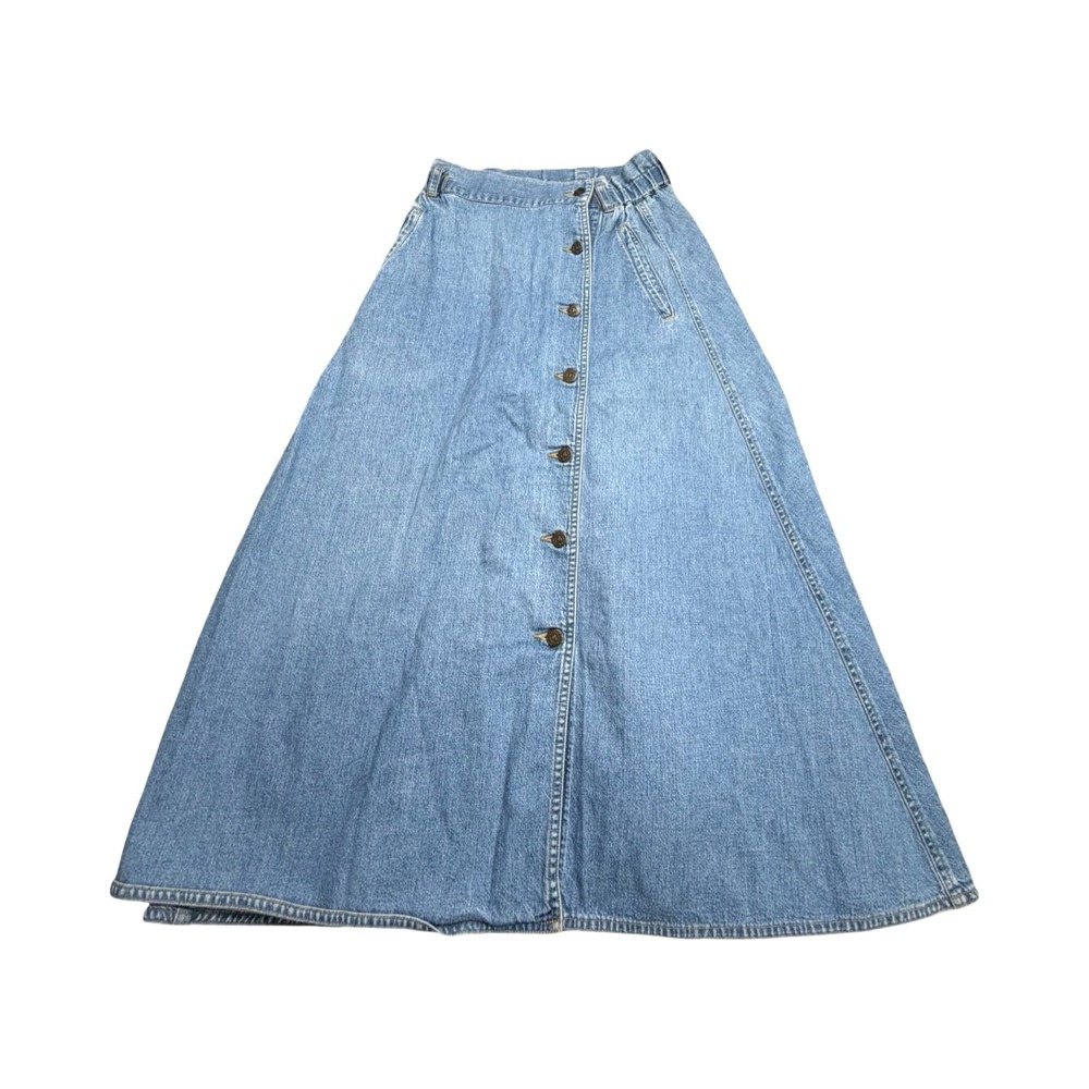 Lizwear Denim Skirt Womens 4 Blue Button Front A-Line Maxi Elastic Waist Vintage